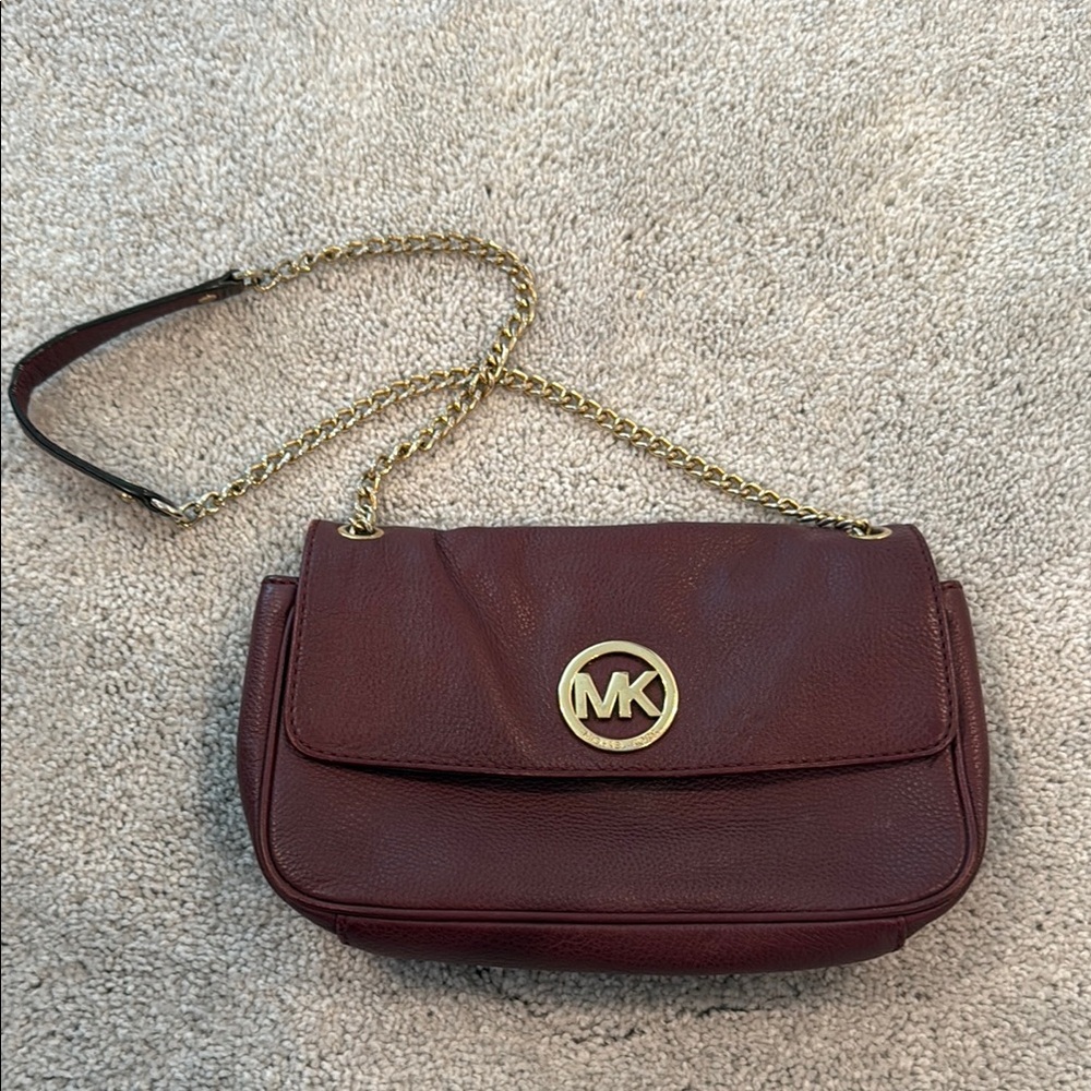 Michael Kors Maroon/Burgundy and Gold Crossbody Bag with Chain Strap